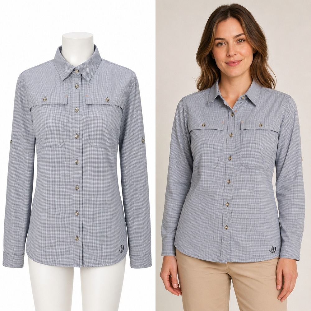 Orvis Fishing Shirt Womens M Gray Gingham Plaid Vented Back Roll Tab Long Sleeve
